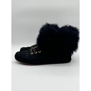 UGG Black Suede Faux Fur Trim Lace Up Ankle Boots Womens 9.5